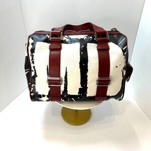 RARE L.A.M.B. Gwen Stefani Black White Abstract Satchel Burgundy Leather Trim